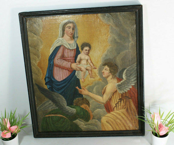 Antique 1800 Oil canvas religious archangel mary jesus painting religious church