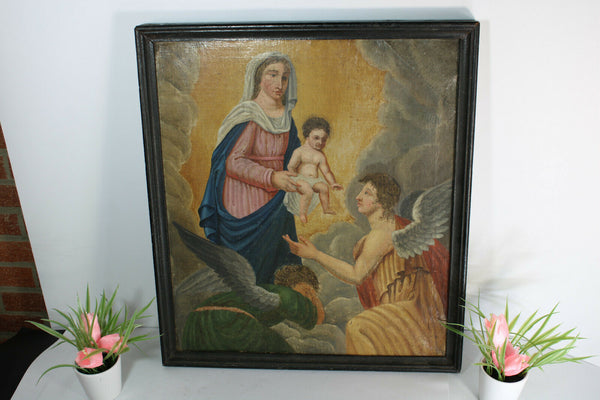 Antique 1800 Oil canvas religious archangel mary jesus painting religious church