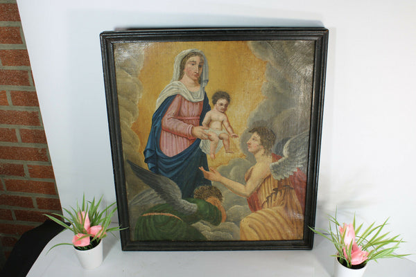 Antique 1800 Oil canvas religious archangel mary jesus painting religious church