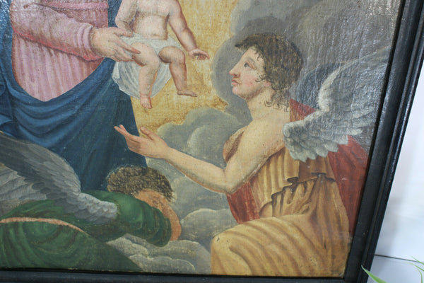 Antique 1800 Oil canvas religious archangel mary jesus painting religious church