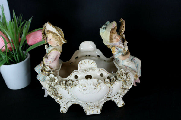 Antique French bisque porcelain boy girl figural planter vase jardiniere