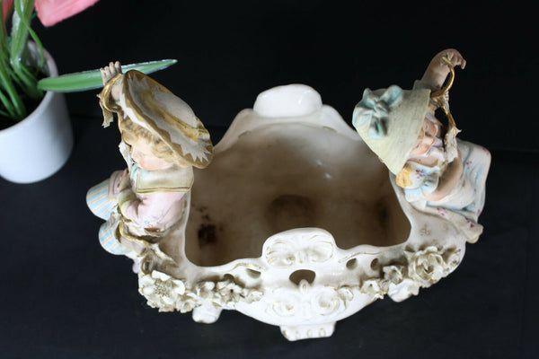 Antique French bisque porcelain boy girl figural planter vase jardiniere