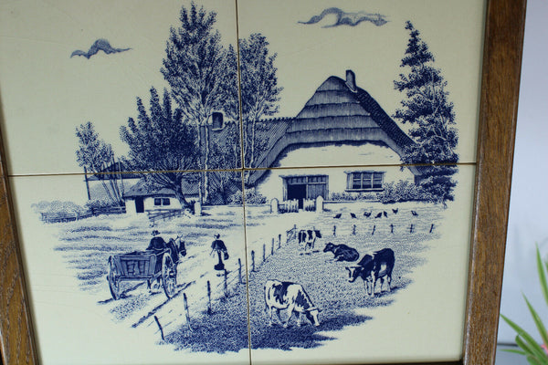 Vintage delft pottery blue white tiles dutch farm landscape scene cows panel