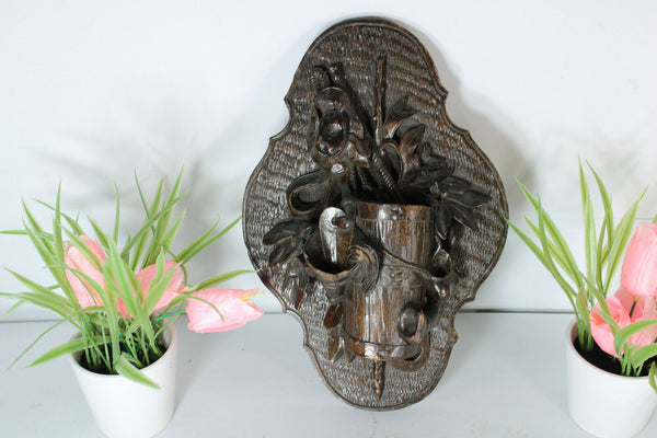 Antique black forest wood carved wall matches holder hunting theme