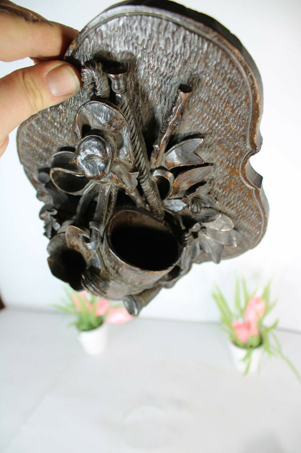 Antique black forest wood carved wall matches holder hunting theme