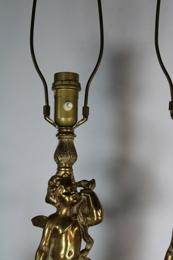 PAIR XL french brass putti cherub figurine Table lamps