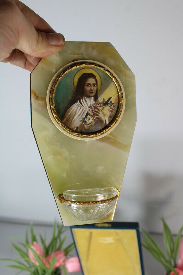 Antique French holy water font onyx brass in original box rare