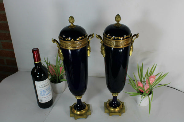 PAIR cobalt blue porcelain Caraytid brass heads Vases attr sevres