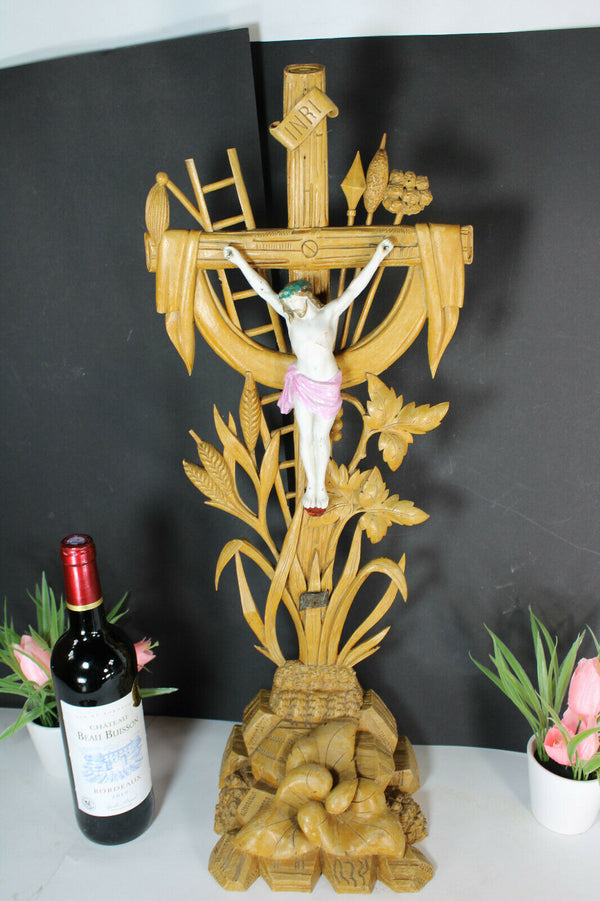 XL antique french altar wood carved crucifix bisque porcelain corpus christ