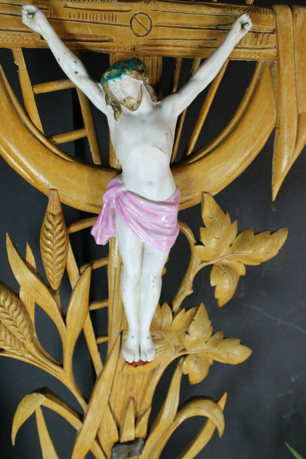 XL antique french altar wood carved crucifix bisque porcelain corpus christ