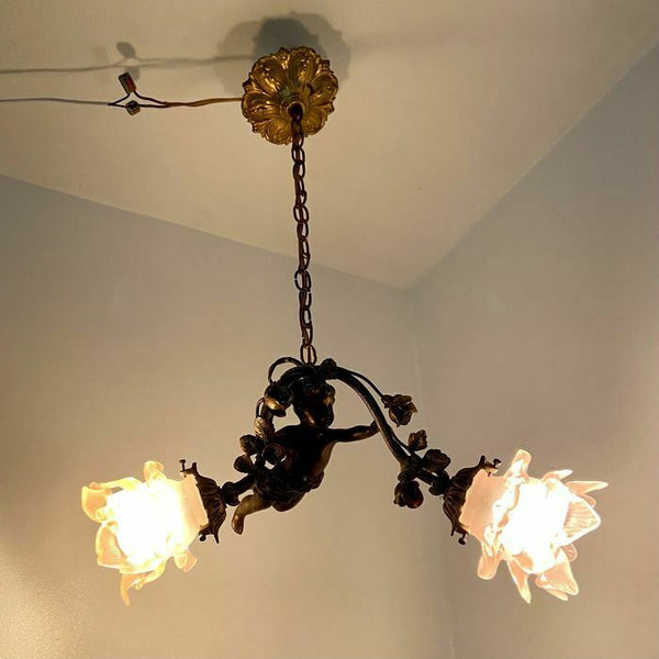 Antique French bronze putti cherub chandelier pendant lamp pink glass