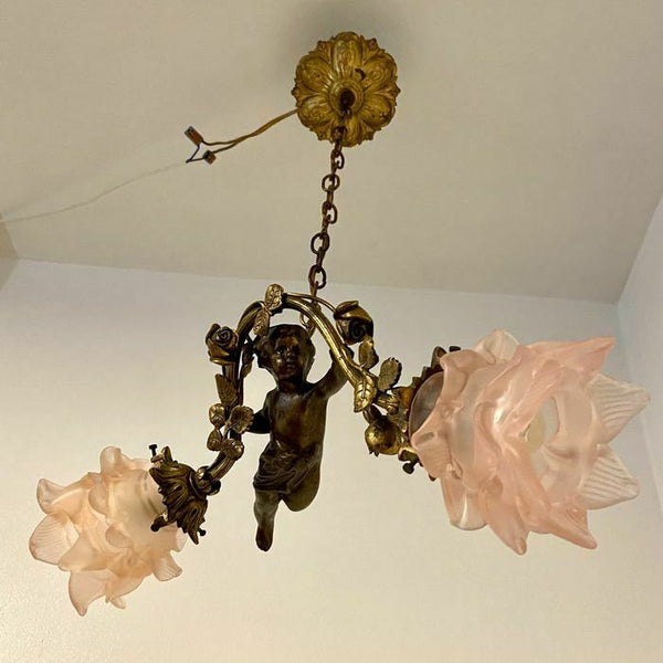 Antique French bronze putti cherub chandelier pendant lamp pink glass