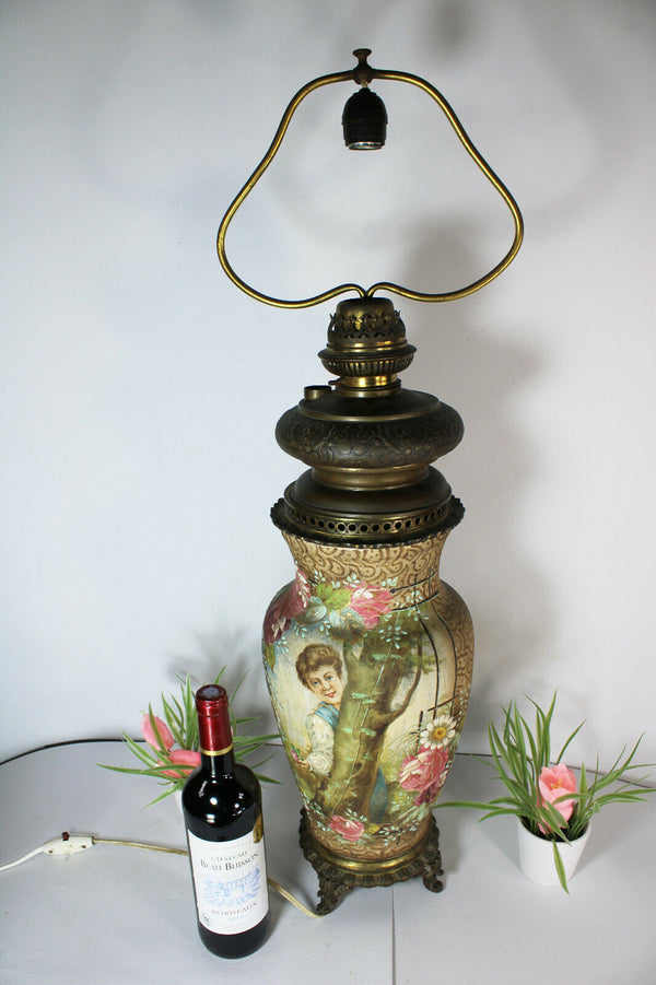 Rare Antique XL 32" hand paint enamel Boy floral scene lamp