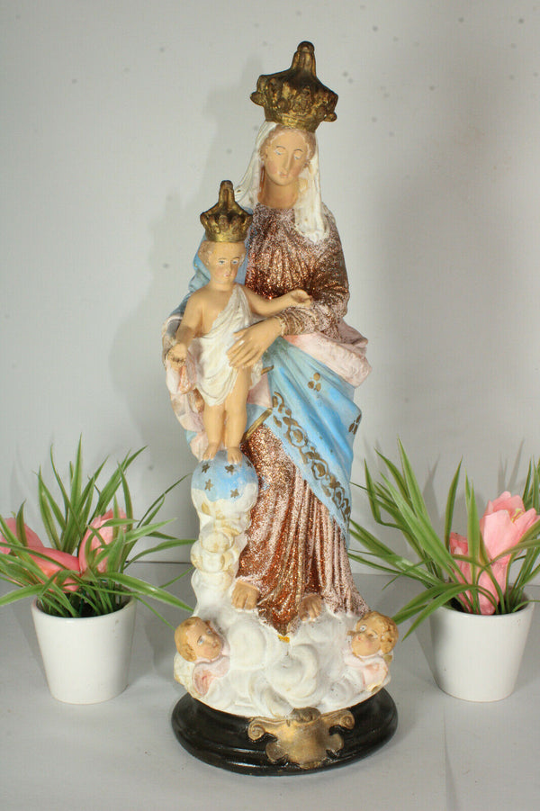 Antique chalkware madonna putti angels base statue