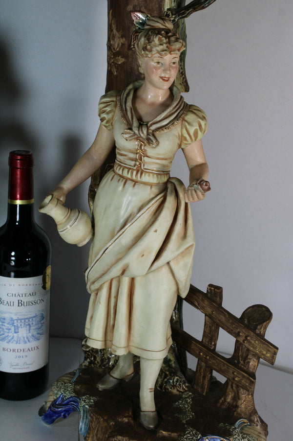 PAIR XL art nouveau antique barbotine majolica Man lady Figural Vases