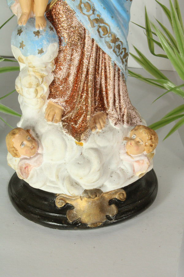 Antique chalkware madonna putti angels base statue