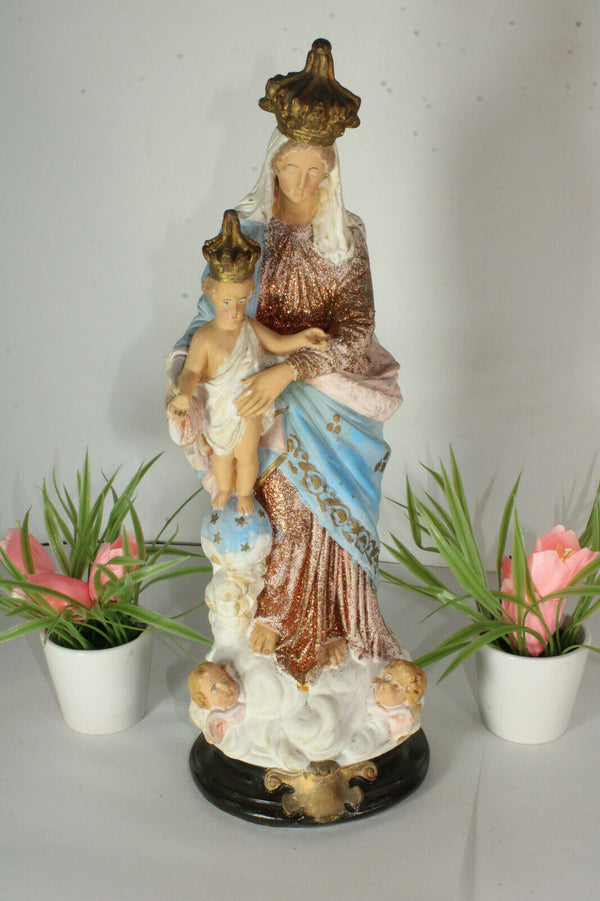 Antique chalkware madonna putti angels base statue