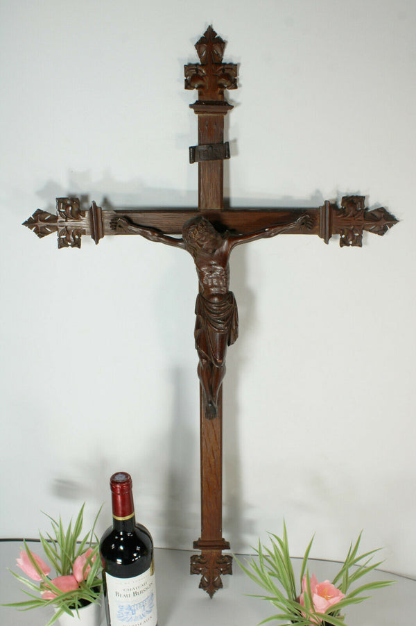 Antique 33.4" XL wood carved crucifix cross religious church