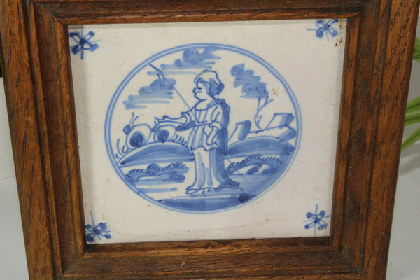 Antique delft blue white pottery tile 19thc framed