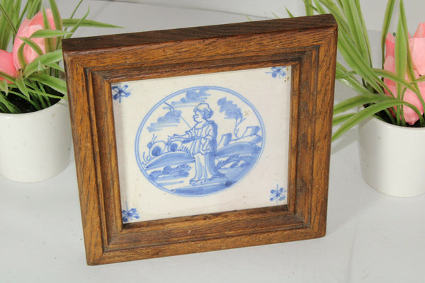 Antique delft blue white pottery tile 19thc framed