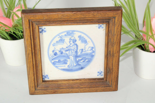 Antique delft blue white pottery tile 19thc framed