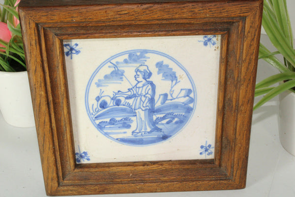 Antique delft blue white pottery tile 19thc framed