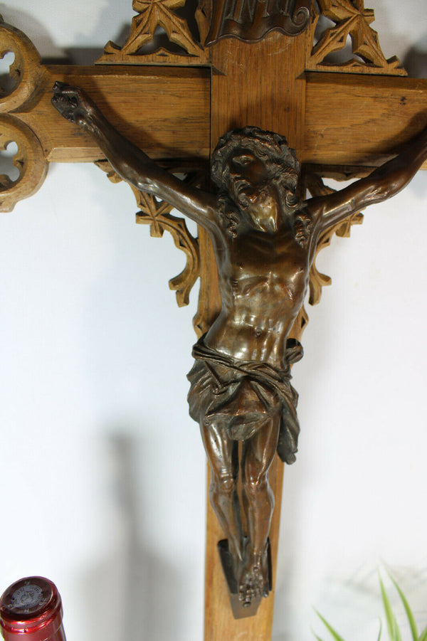 Antique XL neo gothic wood carved church crucifix