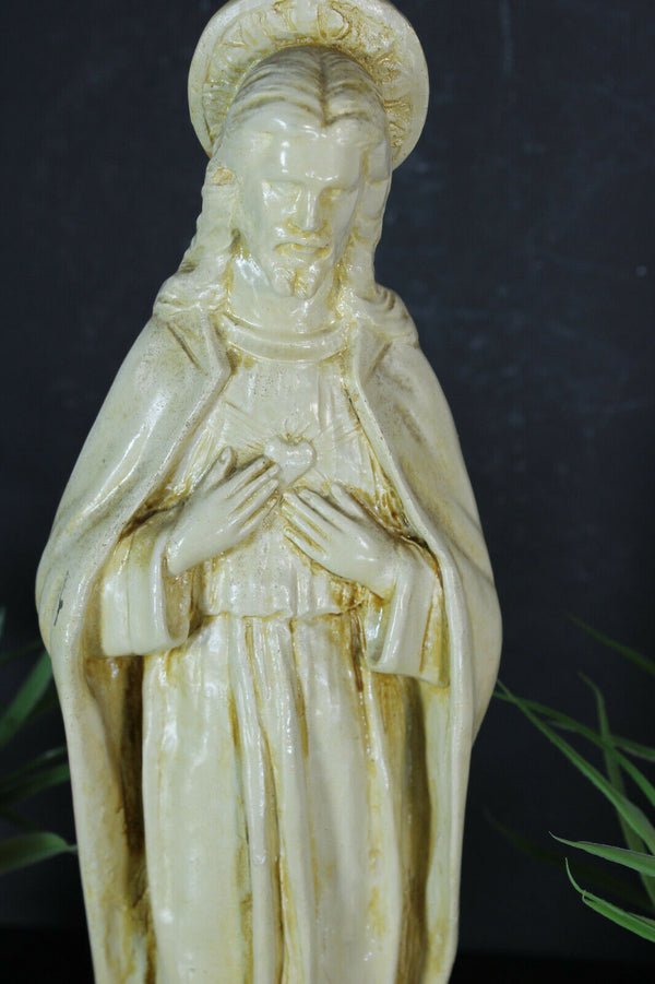 Antique Chalkware sacred heart christ figurine statue signed guelfi