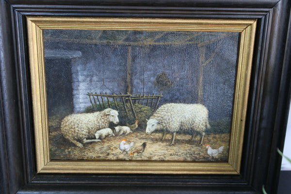 pair vintage oil canvas sheep stable flemish painting signed