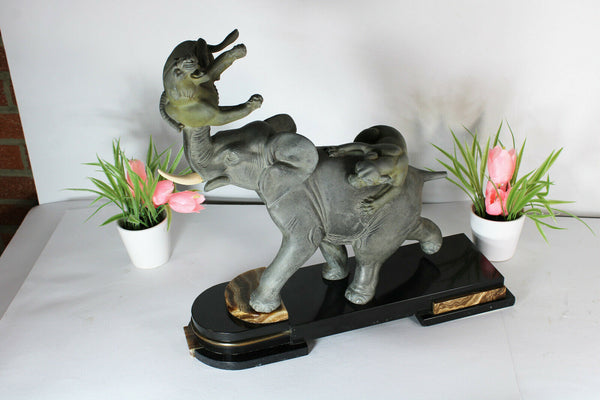 Irenee ROCHARD ART DECO spelter marble Elephant panther fight statue sculpture