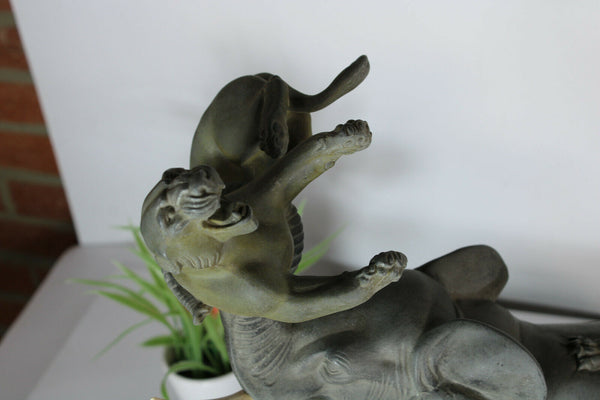 Irenee ROCHARD ART DECO spelter marble Elephant panther fight statue sculpture