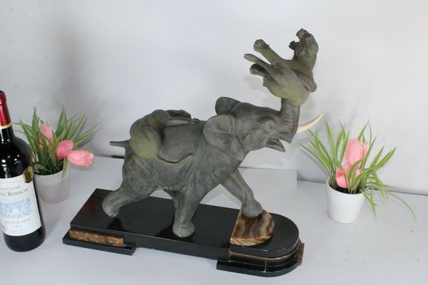 Irenee ROCHARD ART DECO spelter marble Elephant panther fight statue sculpture