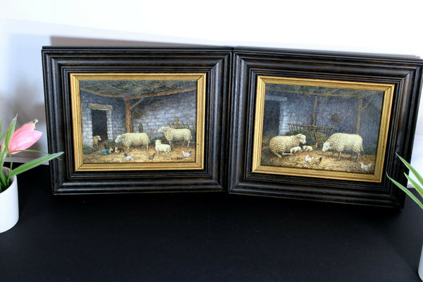 pair vintage oil canvas sheep stable flemish painting signed