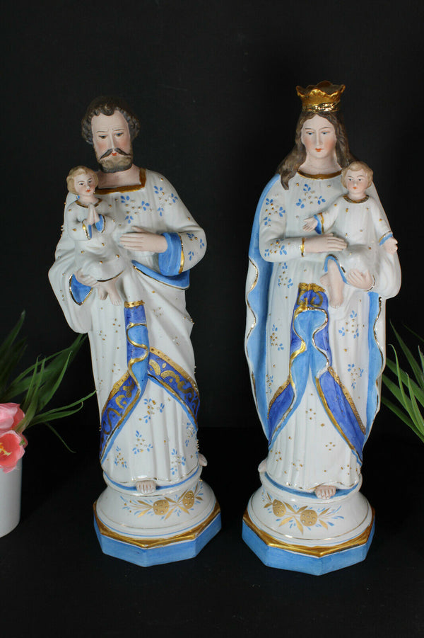 pair antique french bisque porcelain mary joseph statue figurine religious saint