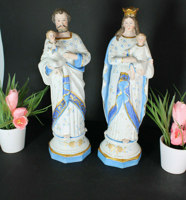 pair antique french bisque porcelain mary joseph statue figurine religious saint