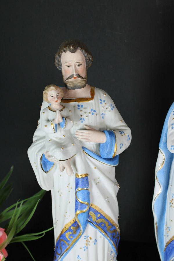 pair antique french bisque porcelain mary joseph statue figurine religious saint