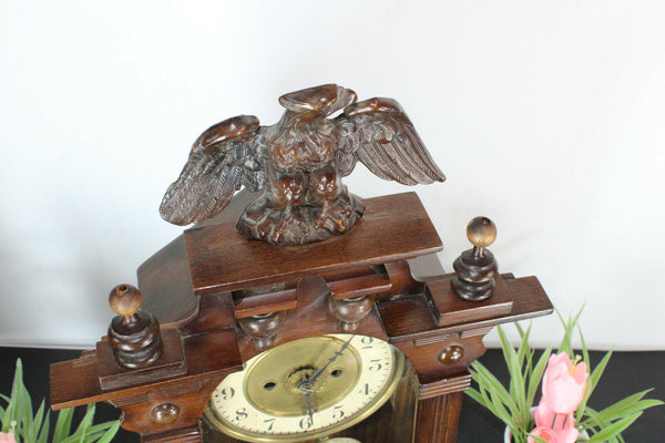 Antique Wood carved german 1900s Mantel clock eagle