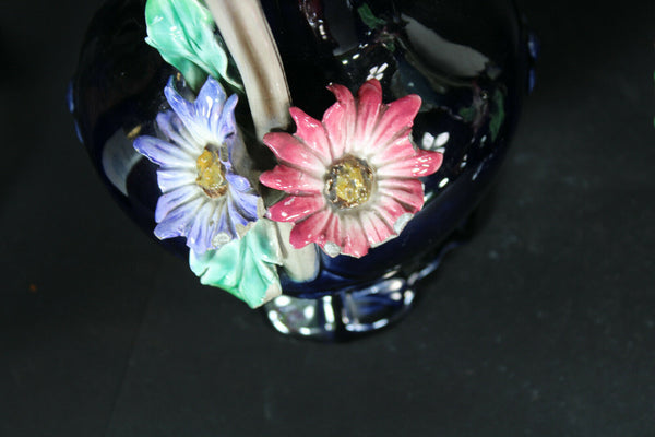 pair antique barbotine majolica Vases floral decor art nouveau