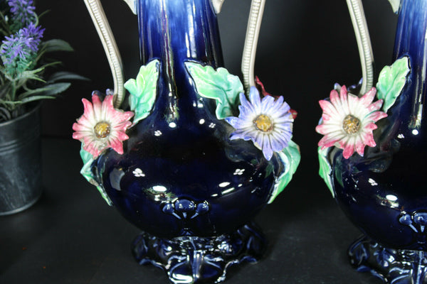 pair antique barbotine majolica Vases floral decor art nouveau