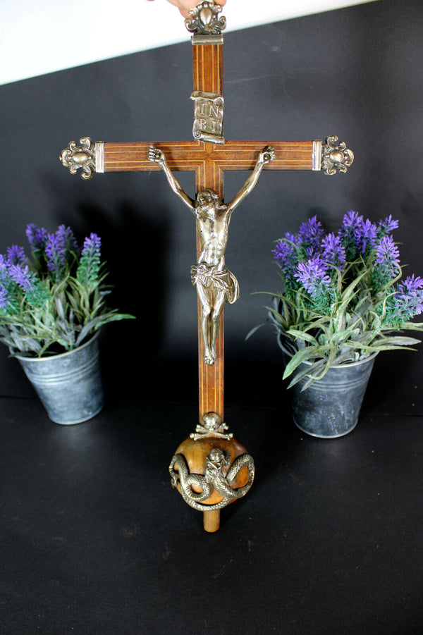 Antique religious silver wood carved crucifix 19thc