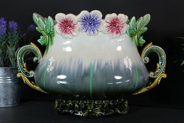 Antique Art nouveau barbotine majolica planter jardiniere vase