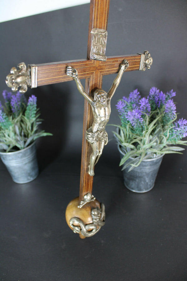 Antique religious silver wood carved crucifix 19thc