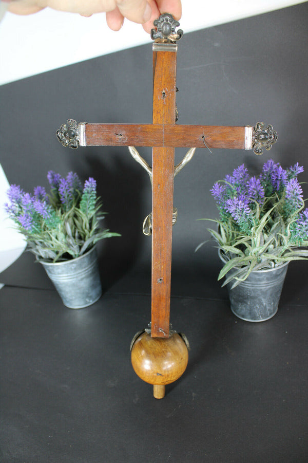 Antique religious silver wood carved crucifix 19thc