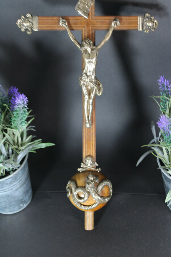 Antique religious silver wood carved crucifix 19thc