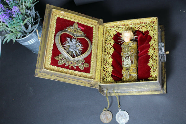 Rare Antique French filigree wax jesus heart relic book religious