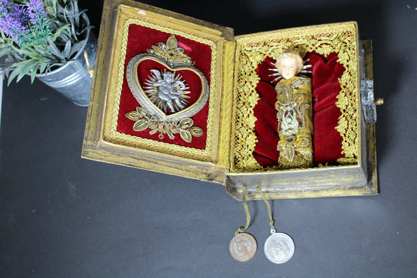 Rare Antique French filigree wax jesus heart relic book religious
