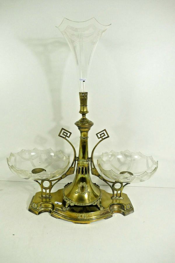 Antique art nouveau metal Centerpiece glass tray 1900s rare vase