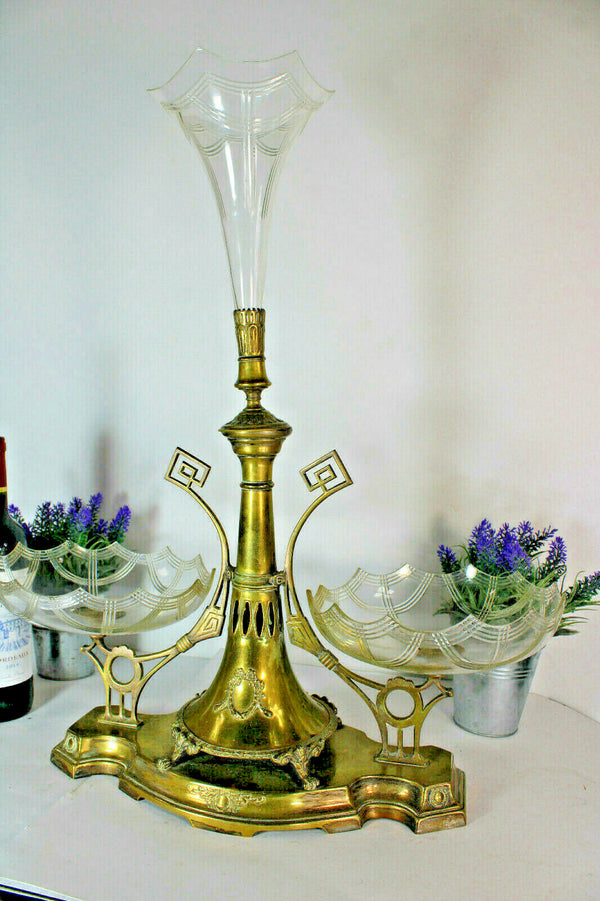 Antique art nouveau metal Centerpiece glass tray 1900s rare vase
