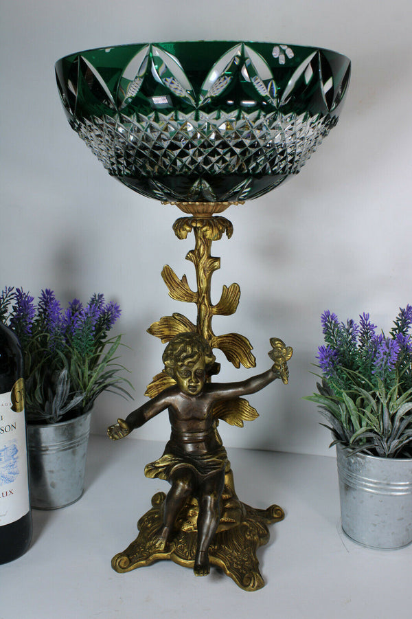 Vintage VAL SAINT LAMBERT signed crystal bowl putti bronze vase centerpiece