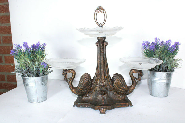 Antique art nouveau spelter metal swan figural centerpiece glass crystal vase